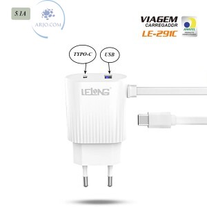 CARREGADOR TIPO-C COM 2 PORTAS USB 5.1A (LE-291C)