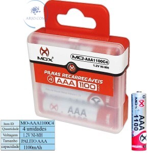 PILHA RECARREGÁVEL AAA 1100mAh 4 UNIDADES (MO-AAA1100C4)